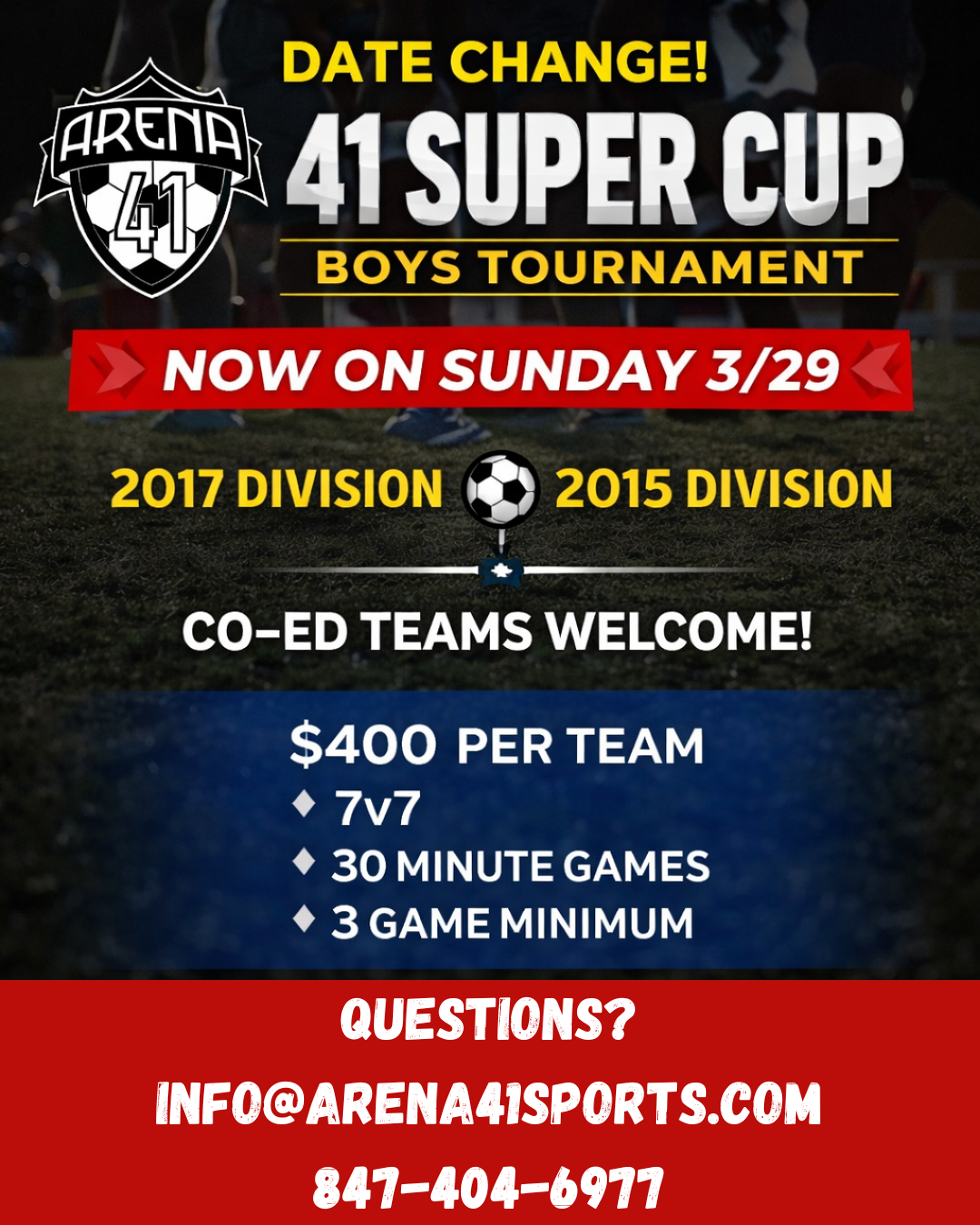 Questions info@arena41sports.com 847-404-6977